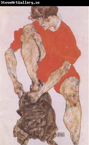 Egon Schiele Female Model in Bright Red Jacket and Pants (mk09)